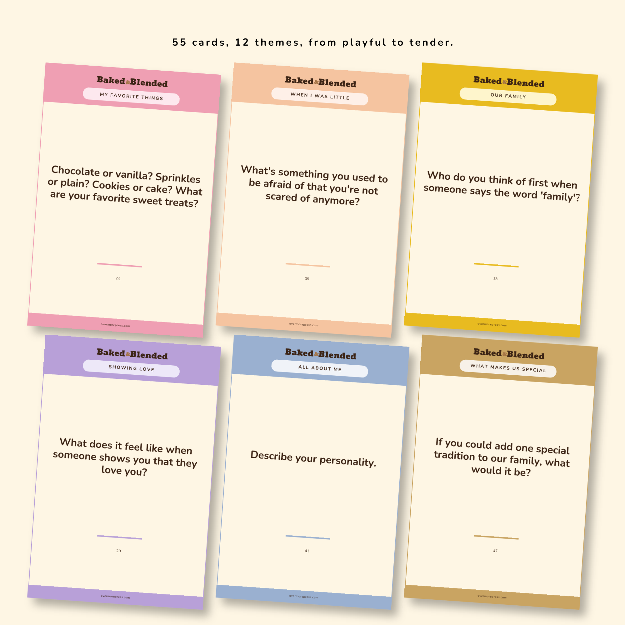 Spread of Baked & Blended conversation cards showing card variety
