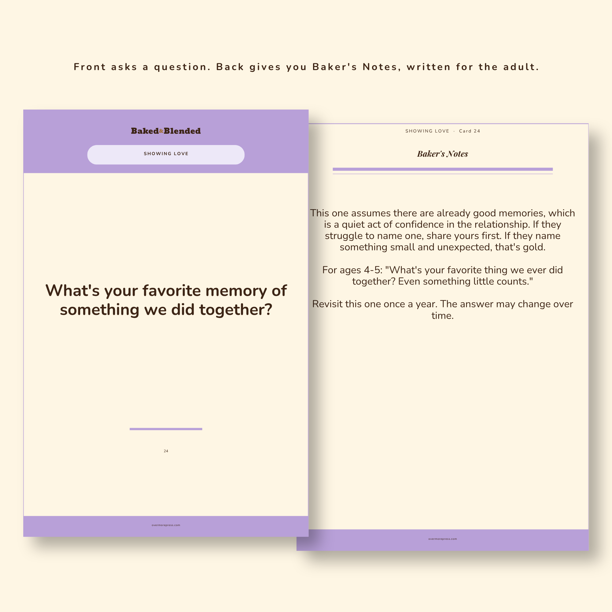 Front and back of a Baked & Blended conversation card, showing the question and Baker's Notes