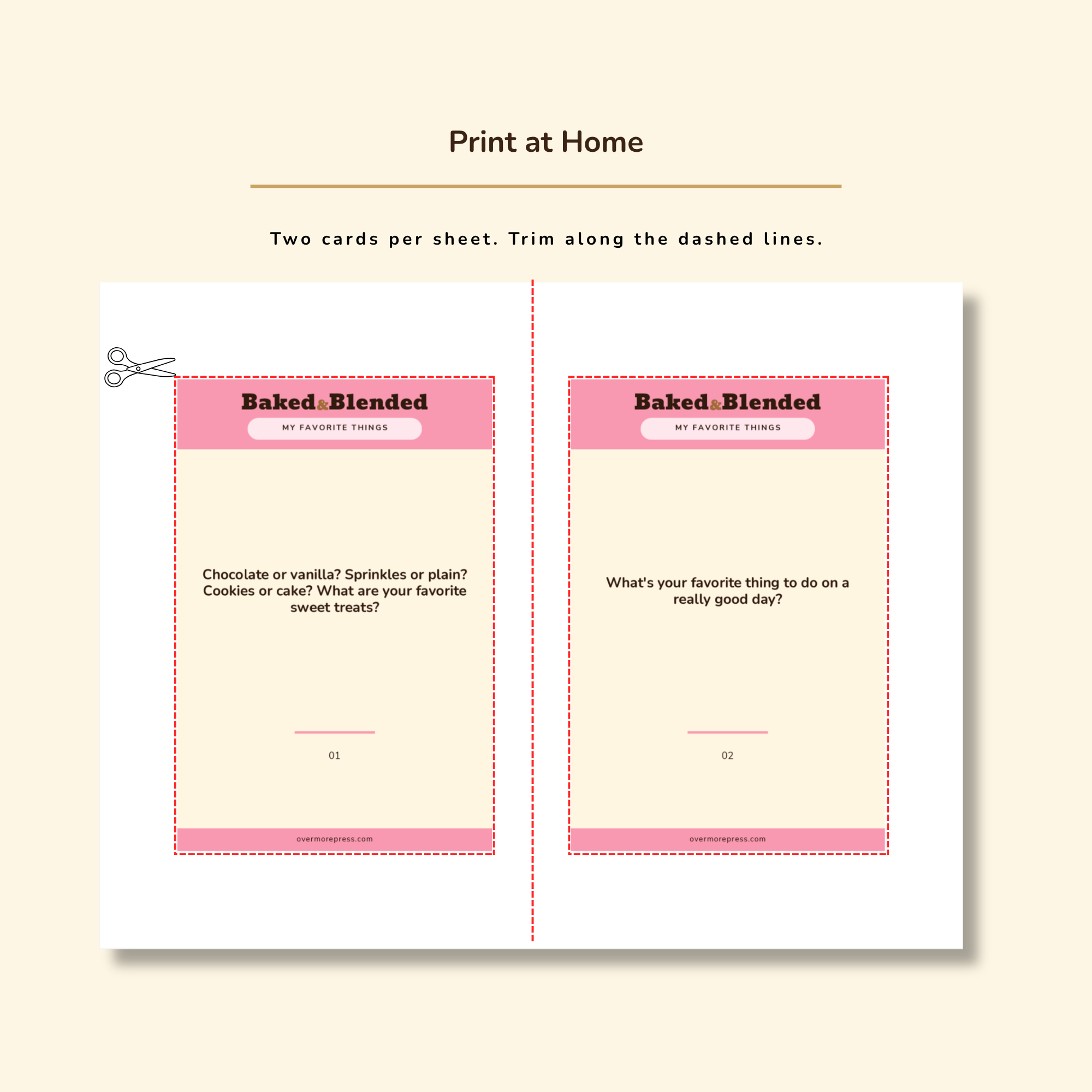 Print-at-home instructions — two cards per sheet, trim along dashed lines