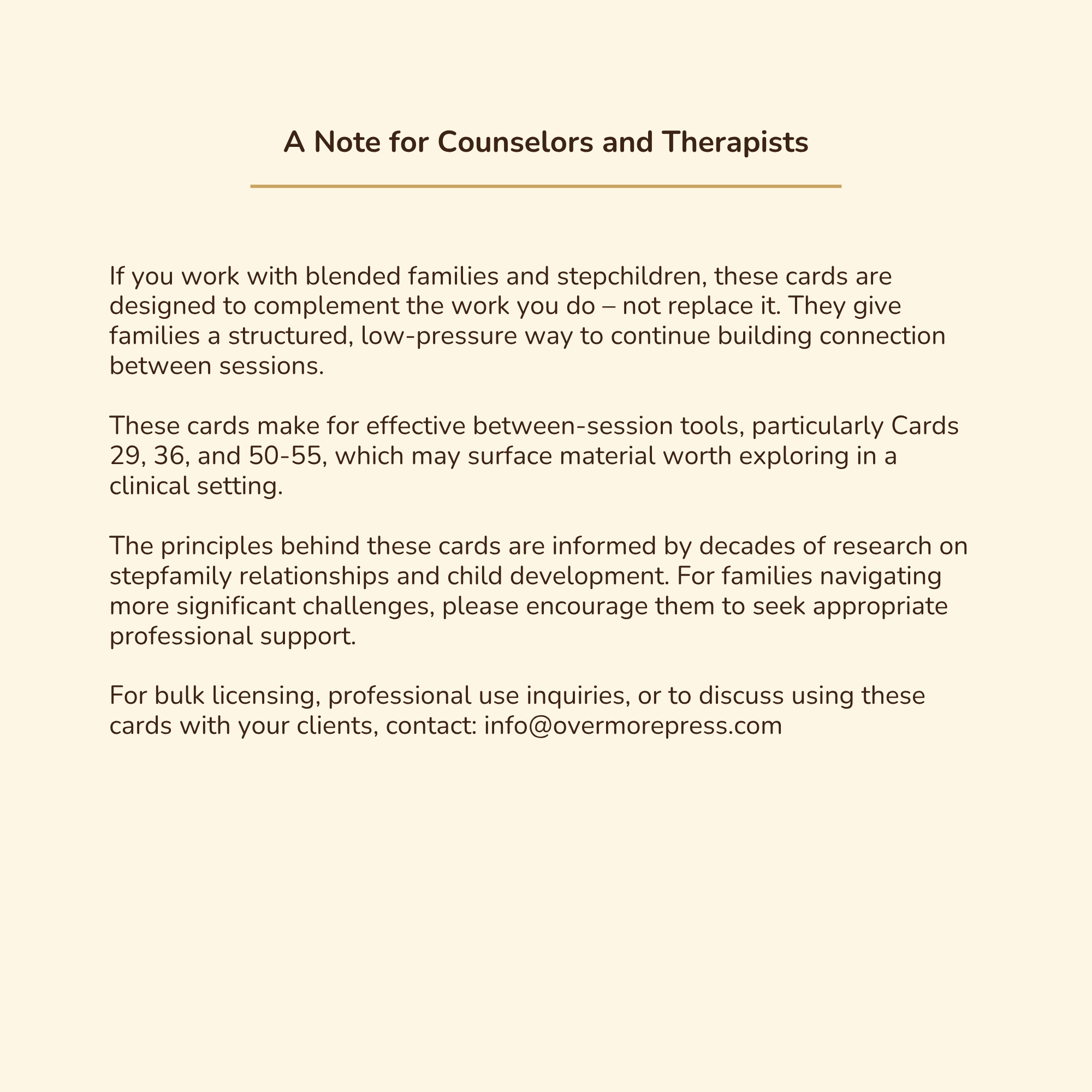 A note for counselors and therapists using the card deck professionally